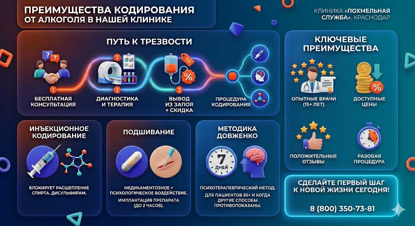 Инфографика о методах кодирования от алкоголя в Целине: инъекции, подшивание, метод Довженко. Преимущества клиники и этапы лечения.